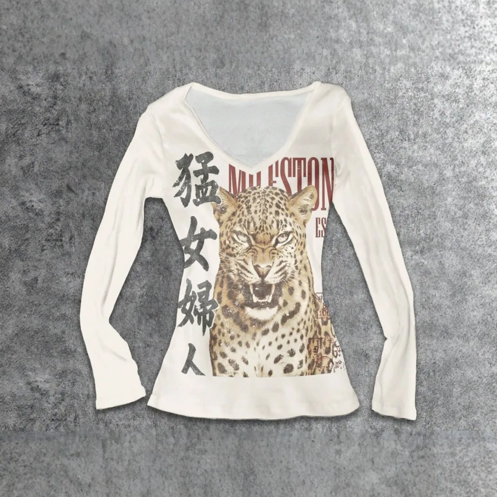 Alt Grunge Aesthetic Leopard Kanji Print Long Sleeve Top Women Deep V Neck Stretchy Slim Y2K Spicy Girl Street Tee