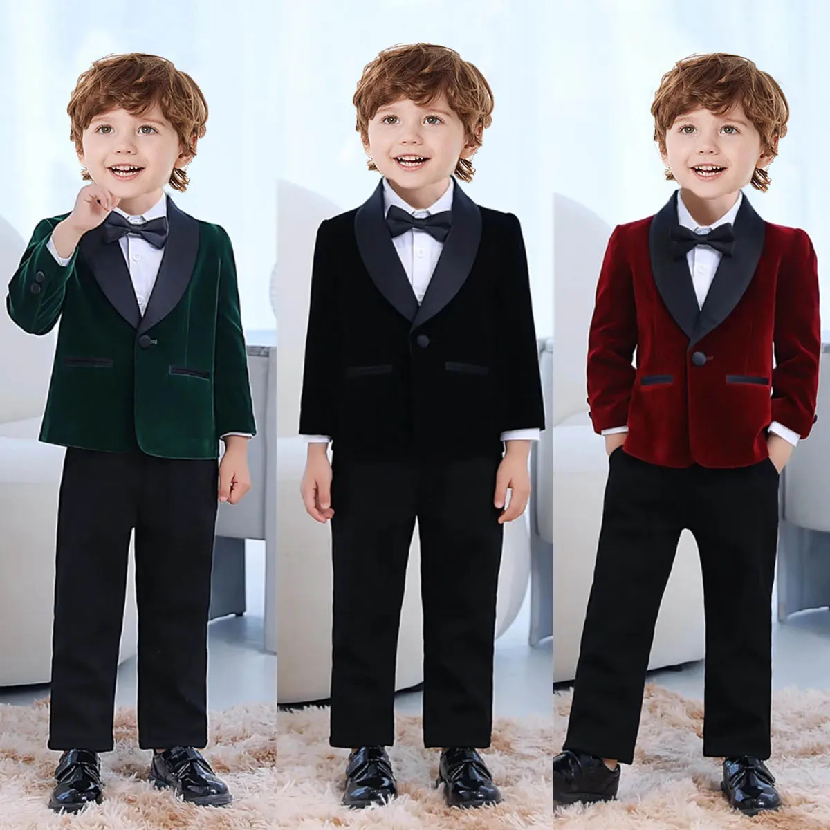 Children Soft Cool Jacket Pants Bowtie 3PCS Photograph Suit Kids 1Year Birthday Party Dress Boys Wedding Performance Evening Set