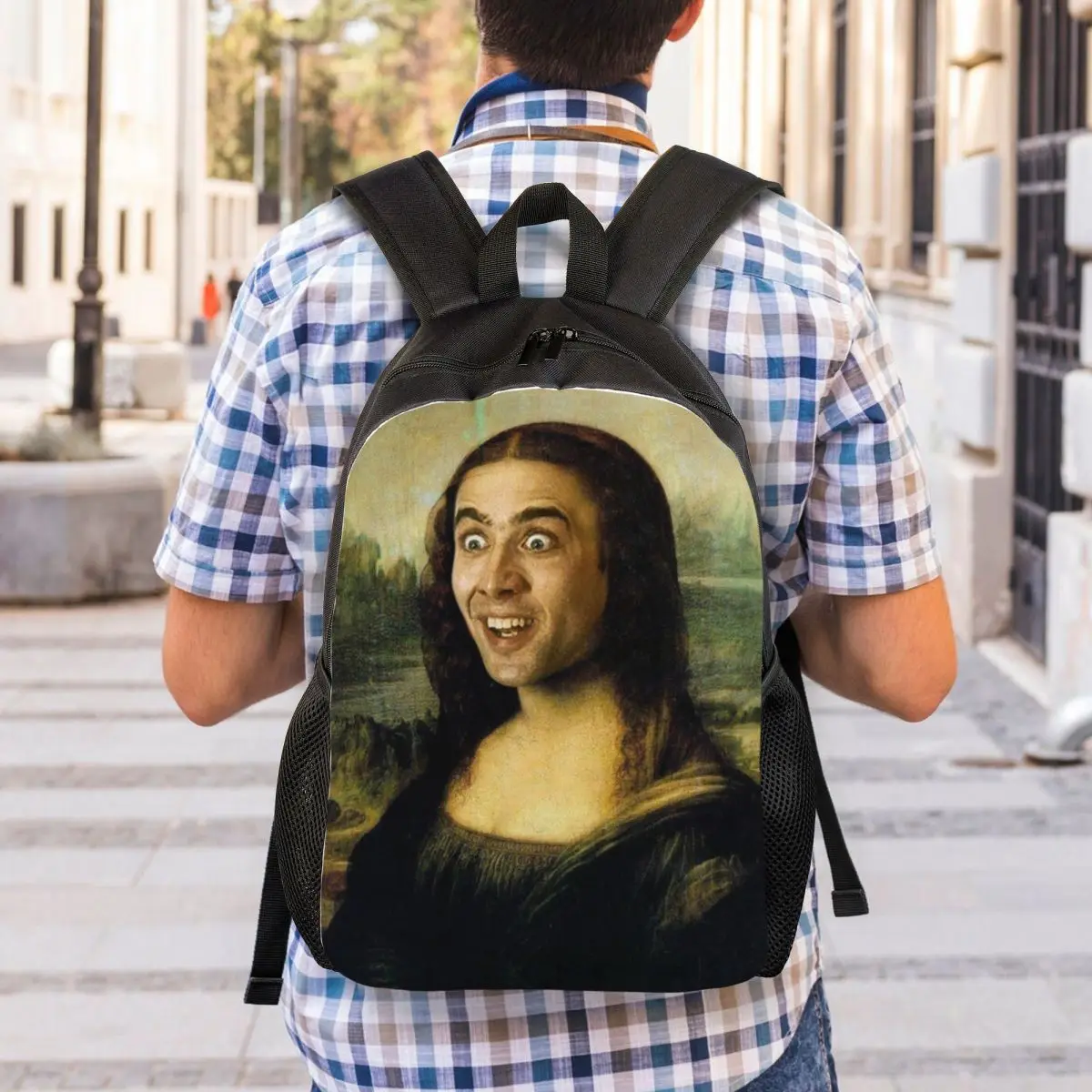 Nicolas Cage Mona Lisa zabawny Meme plecak podróżny mężczyźni kobiety komputer szkolny torby na książki studentka plecaki