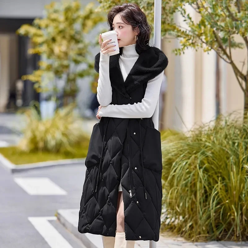 2024 Oversized Cotton Vests Sleeveless Coat Women Autumn Winter Hooded Waistcoat Puffer Parkas Long Warm Down Cotton Outwear