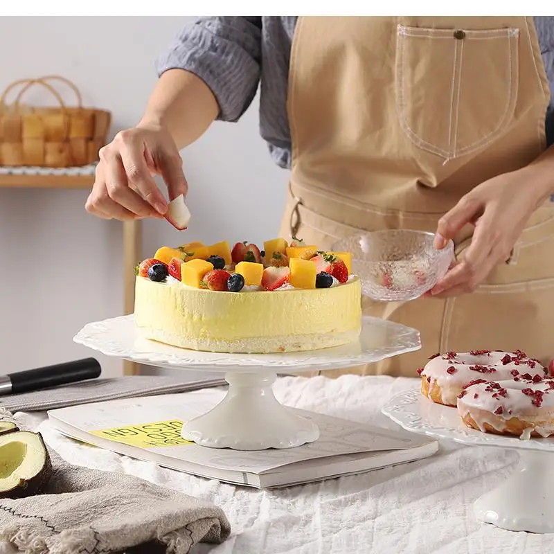 

White Ceramic Round Tall Tray 30cm Dessert Fruit Display Solid Color Storage Wedding Birthday Cake Stand/houseware