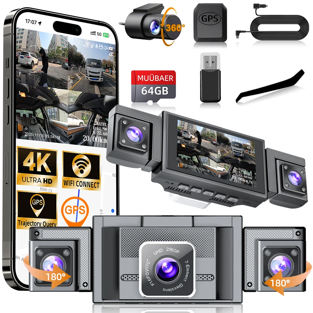 4K 360° 4-Channel Dash Cam with 5.8GHz WiFi & GPS | 4K Front+1080P Left/Right/Rear, 3
