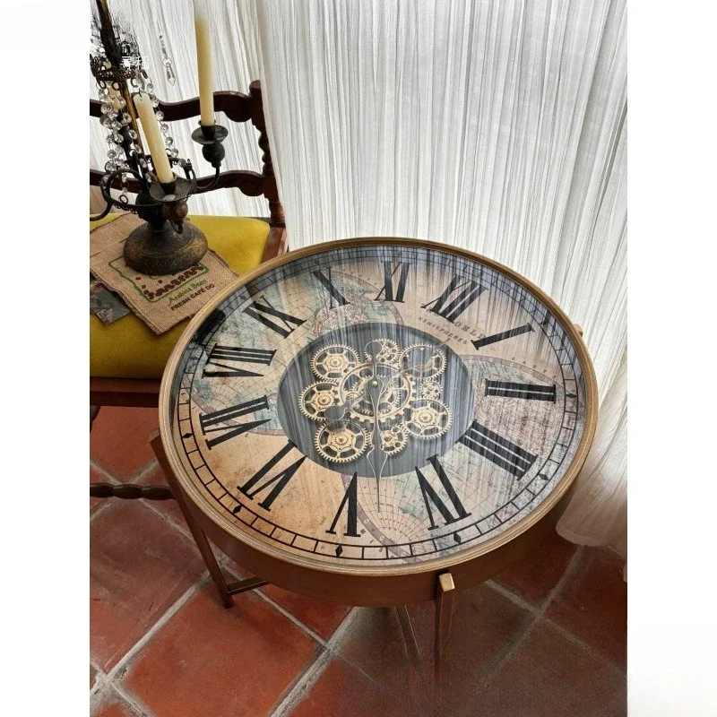 1 Retro feeling American clock gear living room sofa side table, small coffee table small apartment bed and breakfast