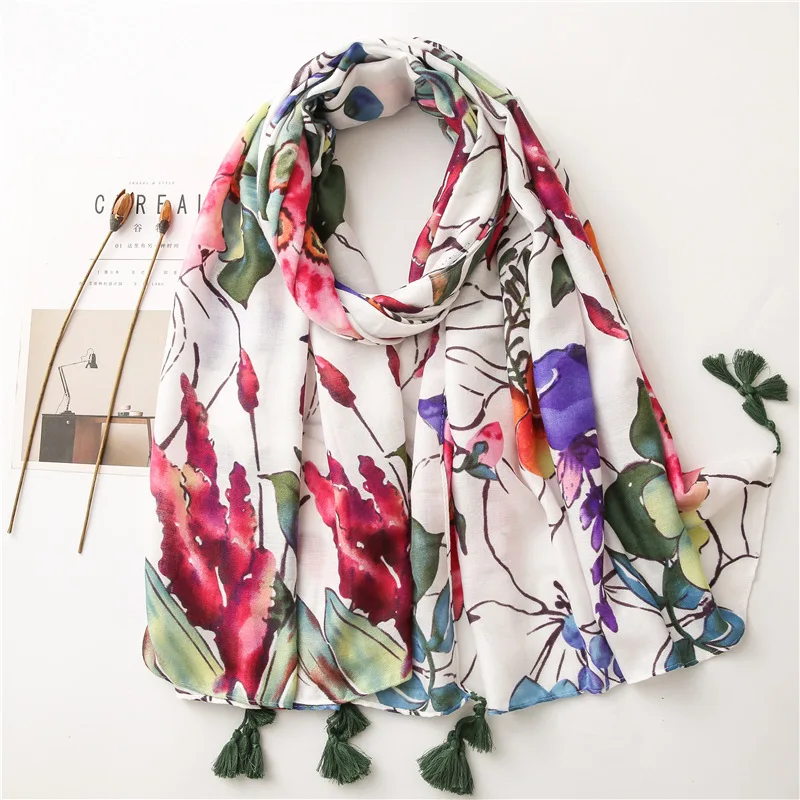 Beige Coffee Scarf Luxury Thin Womens Scarves Spring Floral Hijab Veils Soft Cotton Shawl Wrap Tassel Viscose Muslim Woman Hijab