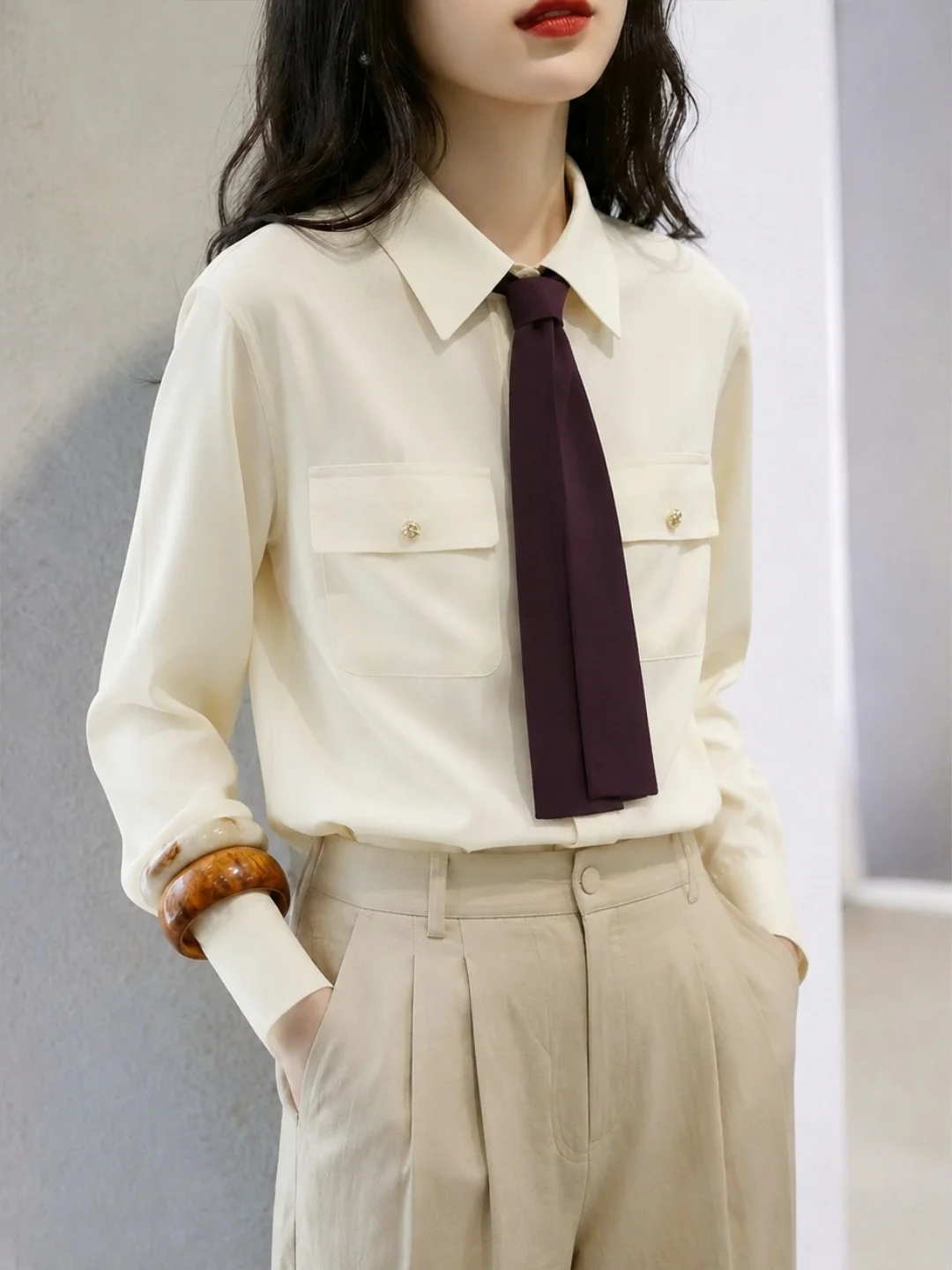 Fashionable Long Sleeve  Neck Shirt Women's Commute Style Sun Protection Clothing Straight Cut Adult Female Fashionable