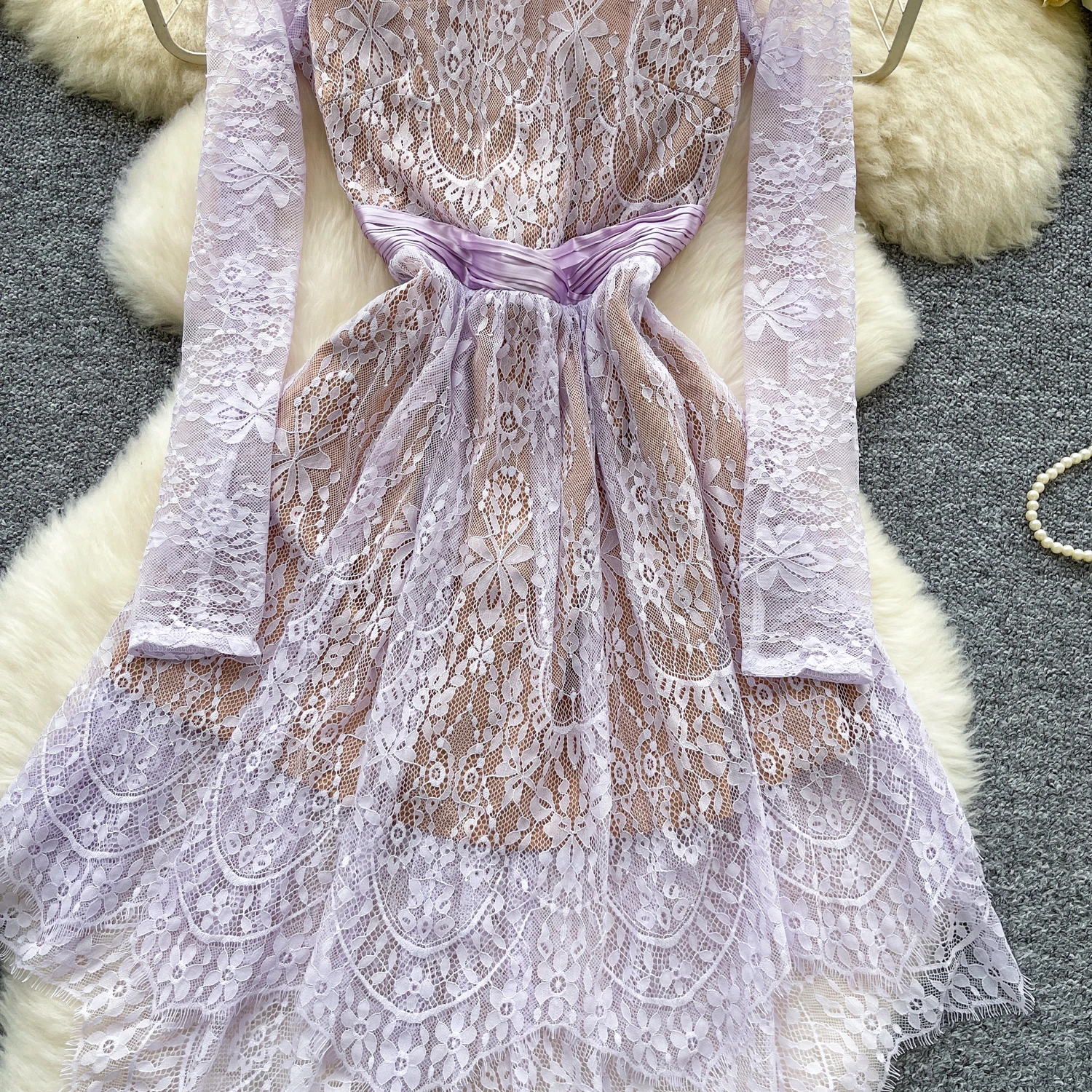 エレガントなヴィンテージ風長袖アシンメトリーレースフェアリーコアドレス、イブニング、ハイストリート、秋服、セレモニードレス