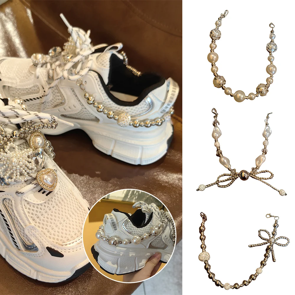 1PC Girl's Heart Premium Shoes Charms Decorations Chains For Sneaker Luxury Chain Pearl Bow Shoes Pendants Key Chain Accessories