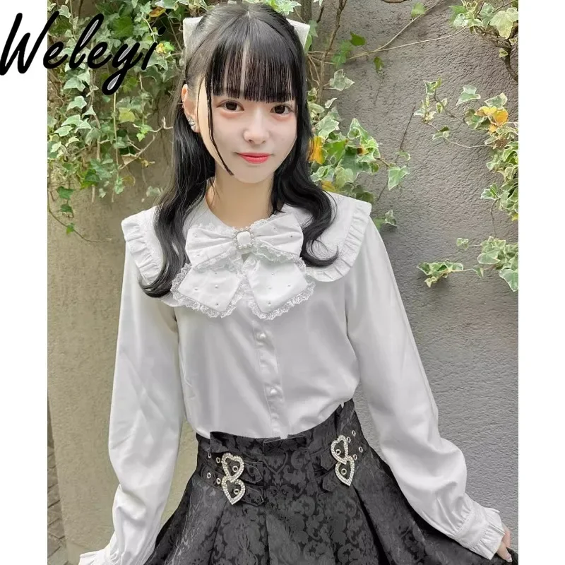 Genuine Goods Clothes Bow Rojita Shirt donna 2024 autunno Cute Mine manica lunga decorazioni con diamanti nastro di perle Bottoming Tops