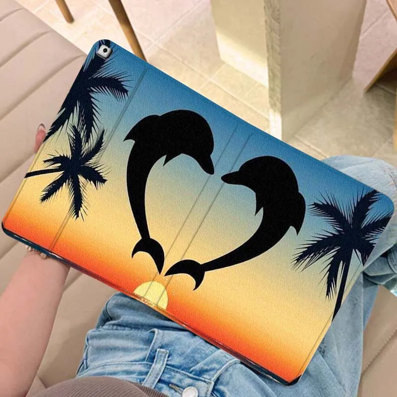 

Чехол для планшета с силуэтом заката, дельфина и пальм для iPad Pro, Air, Mini 2, 3, 4, 5, 6, 7, 6-го, 7-го, 10-го, 11-го поколений, 10.2, 9.7, 10.5, 11 дюймов, складной, подарок