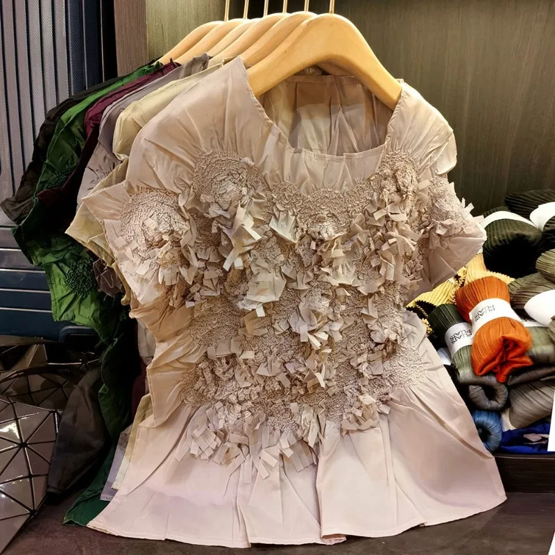

Плиссированные топы Miyake, элегантная тонкая футболка с короткими рукавами, женская летняя новая простая одежда для отпуска, без морщин