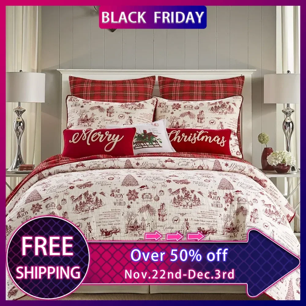 Quilt Set-King/Cal King Quilt (106x92in)+Two King Pillow Shams (36x20in.)-Christmas Holiday Script-Red and Cream-Cotton