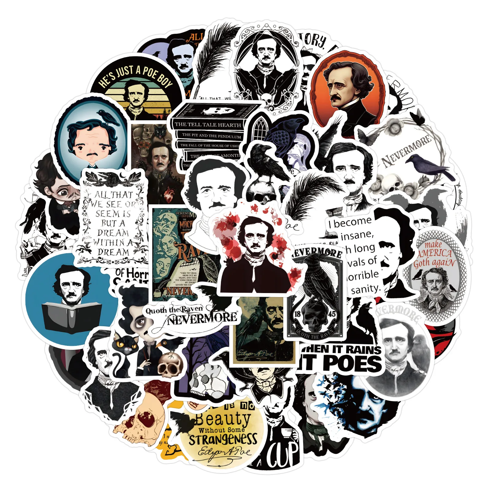 

10/60PCS Edgar Allan Poe Stickers Graffiti Decals Cartoon Personality Creative Decoration DIY Stationery Box Water Cup Laptop