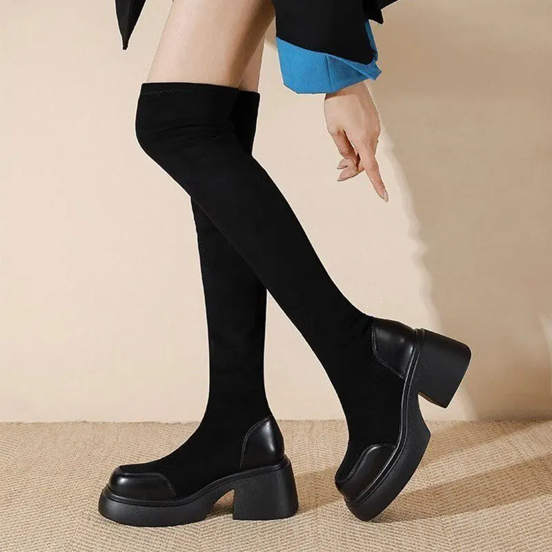 

Winter New Style Thick Heel over Knee Boots Women's Slim Elastic Velvet Boots Black High Heel Waterproof Platform Boots