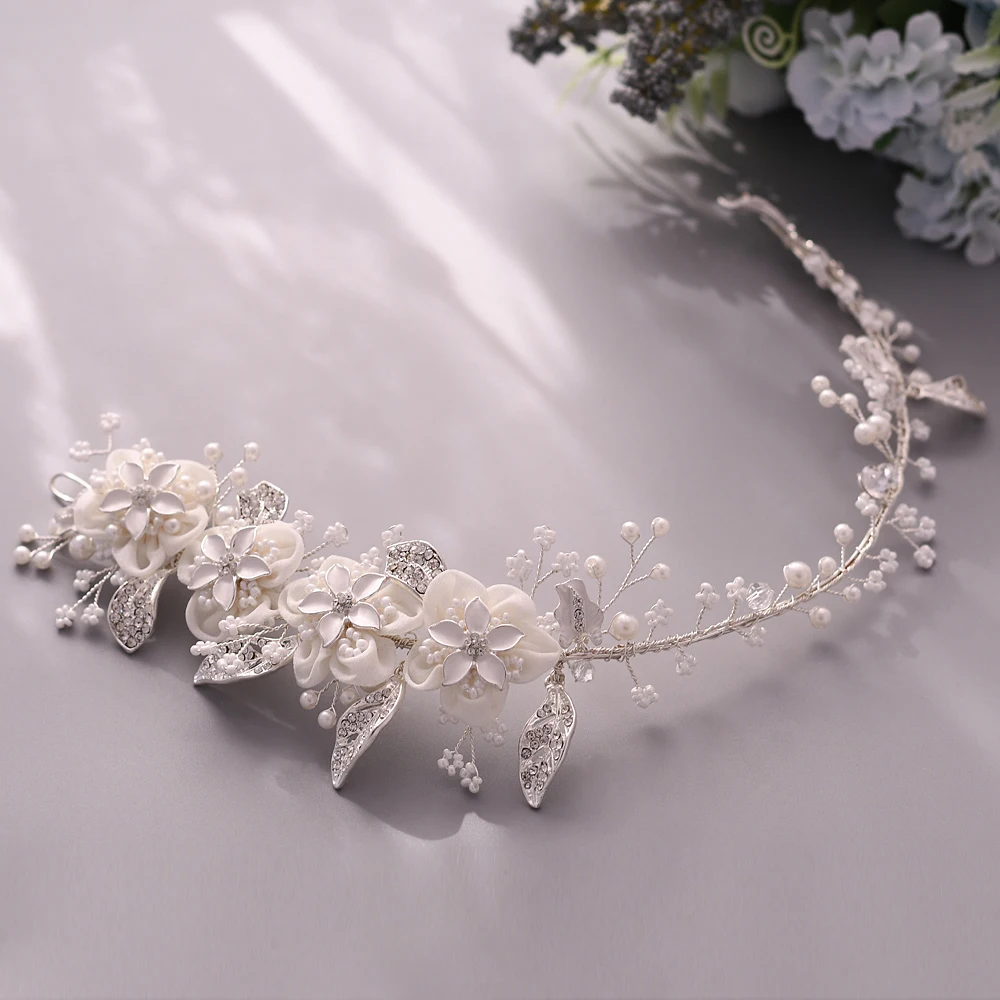 Bridal Hair Accessories Pearls Headband Shinning Alloy Flower Leaf Bride Guest Wedding Headdress Women’s White Fascinator