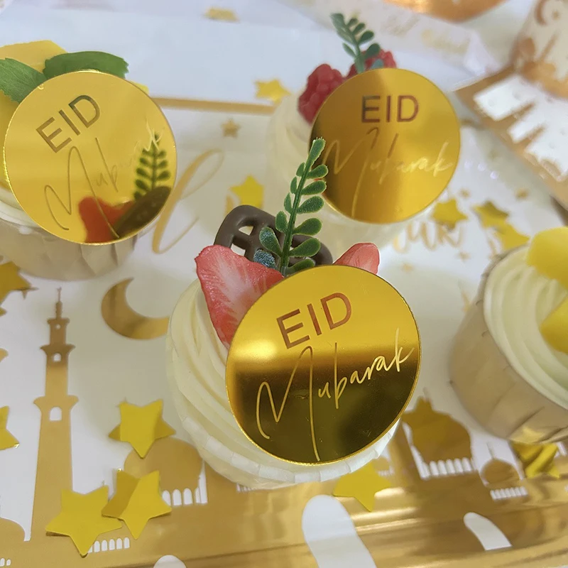 10pcs Ramadan Mubarak Gold Silver Acrylic Mirror Cupcake Topper Cupcakes Card Insert Flag Cake Decoration for Ramadan Festival