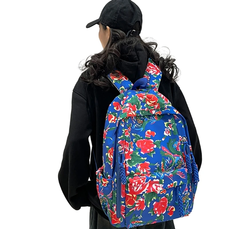 Mochila estilo chino, bolso escolar con estampado flores grandes capacidad