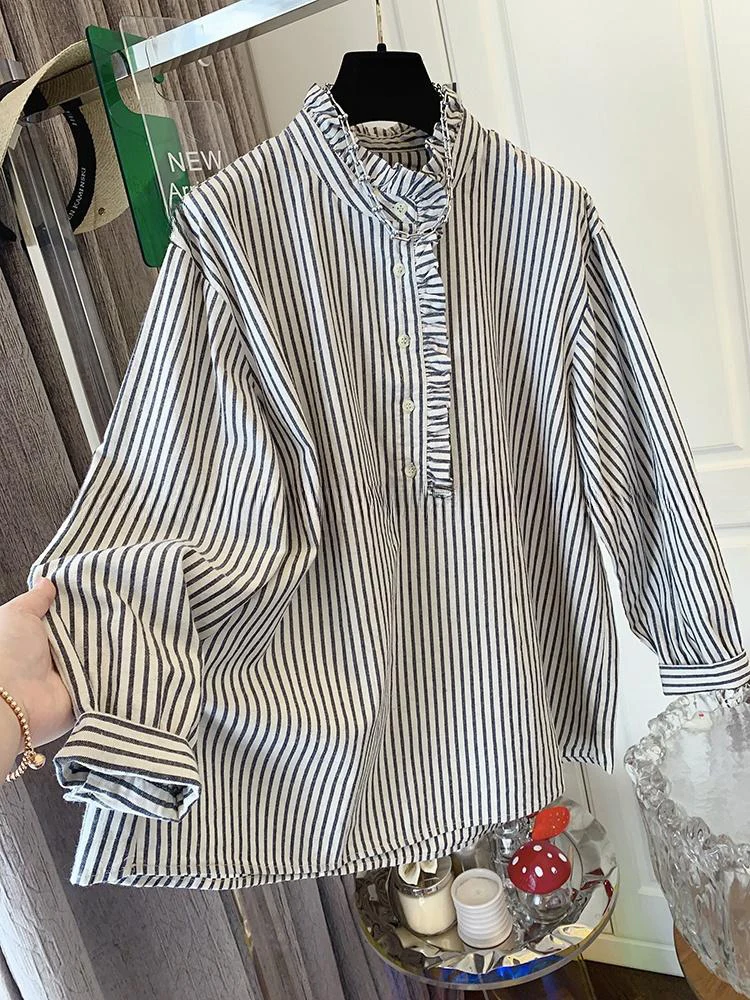 

Fashion Office Lady Striped Women Shirt Spring Chic Design Vintage Tops Loose Casual Long Sleeve Blouse