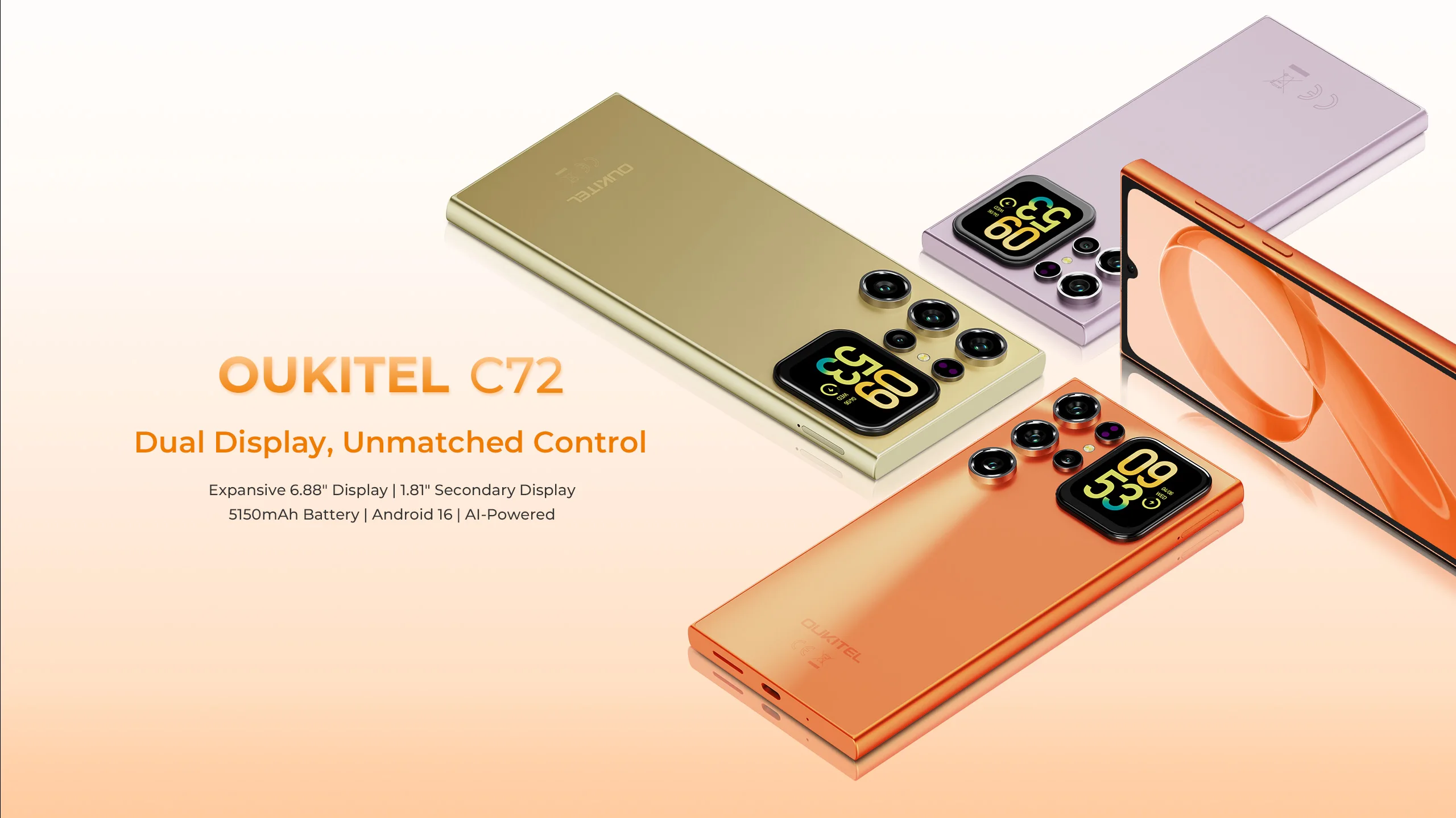 OUKITEL C72 Dual Screen Phone 6.88" HD+ 90Hz 1.81" Smart Secondary Display 64MP AI Camera 16GB RAM 128GB ROM 5150mAh Android 16