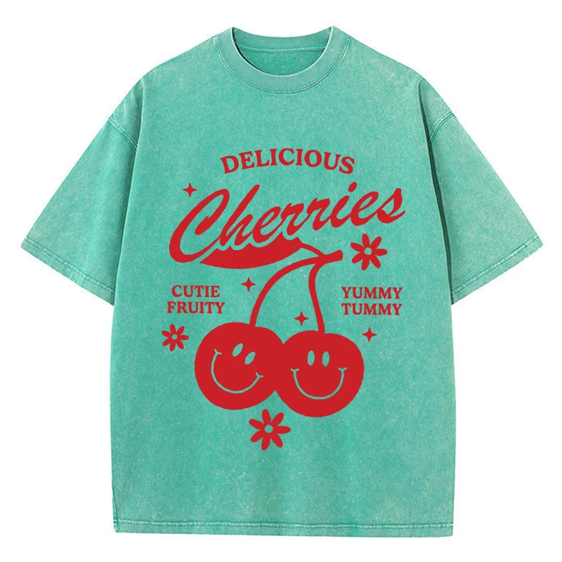 Delicious Cherries Pattern Printing Male Washed Tshirt Breathable Summer T Shirt Casual Fashion Top Distressed O-Neck Tshirts