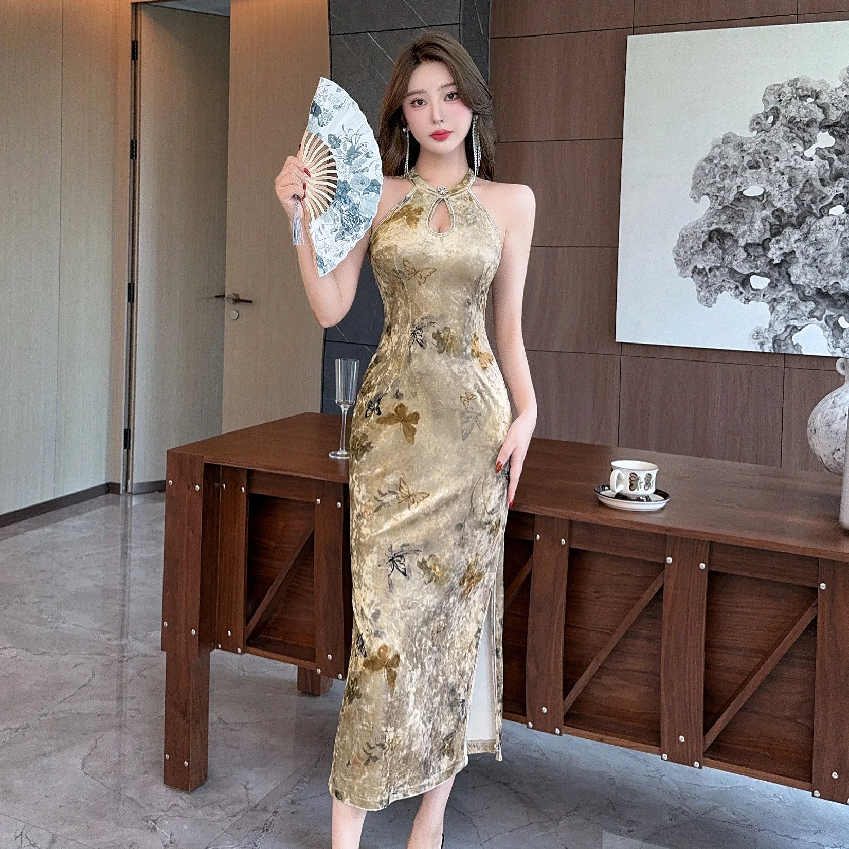 Cheongsam women's young sexy long off-the-shoulder improved daily cheongsam beautiful antique dress