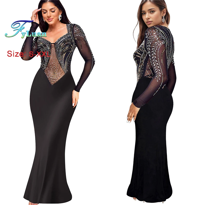 หรูหราแฟชั่นตาข่ายดูผ่านผู้หญิงชุดราตรีชุดนางเงือกเซ็กซี่ Elegant Party Club แขนยาว Rhinestone ชุดราตรียาว