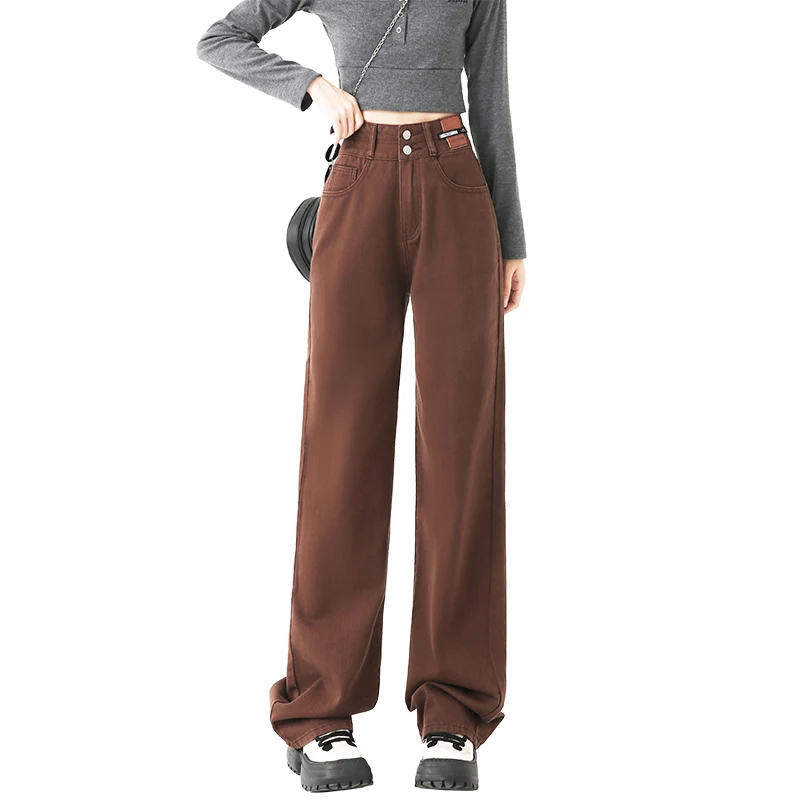 Dżinsy Y2K Damskie Dżinsy z Wysokim Stanem Rozszerzane Spodnie typu Flare Miękka Bawełna z Podszewką z Polaru Ciepłe Duże Rozmiary Małe Rozmiary Kawa Brązowe Spodnie Casualowe
