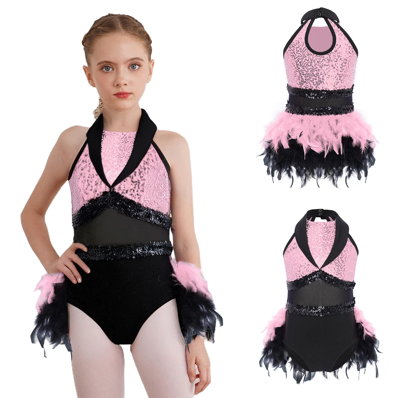 

Kids Girls Sleeveless Gymnastics Dance Dress Shiny Sequins Feather Mesh Leotard Dancewear for Ballet Latin Figure Skating Stage