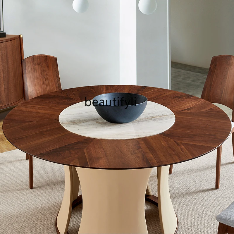 Villa Dining Table Black Walnut Wood Table Marble Turnplate Nordic Italian round Table