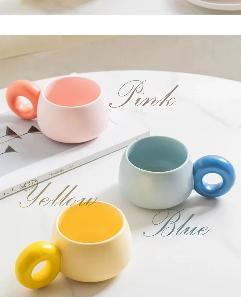 

320ml，10.9oz，Ceramic donut ins style mug breakfast mug oatmeal yogurt big belly ring cup