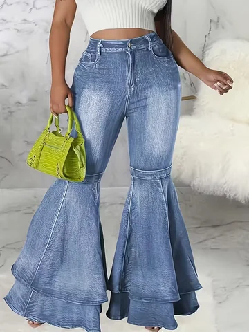 Pantaloni svasati in denim lungo elastico a vita alta da donna - Jeans classici svasati retrò da donna