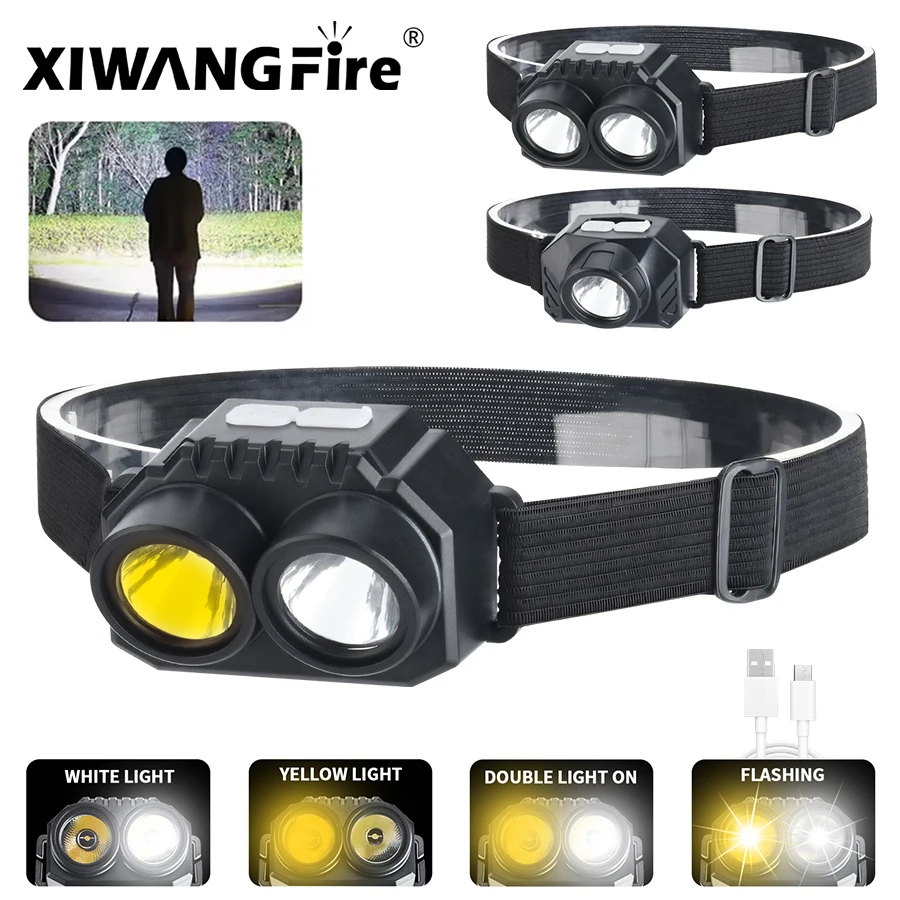 Powerful F8 Led Portable Headlamp with Yellow and White Dual Light Source Ultra Bright Wick Usb Charging Riding Headlamp