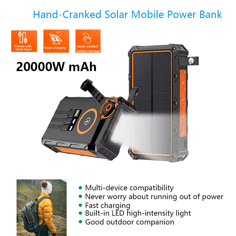 

Portable Hand Crank Solar Power Bank With Light 20000mAh Large Capacity Fast Charging Mobile Power Supply Charger Station