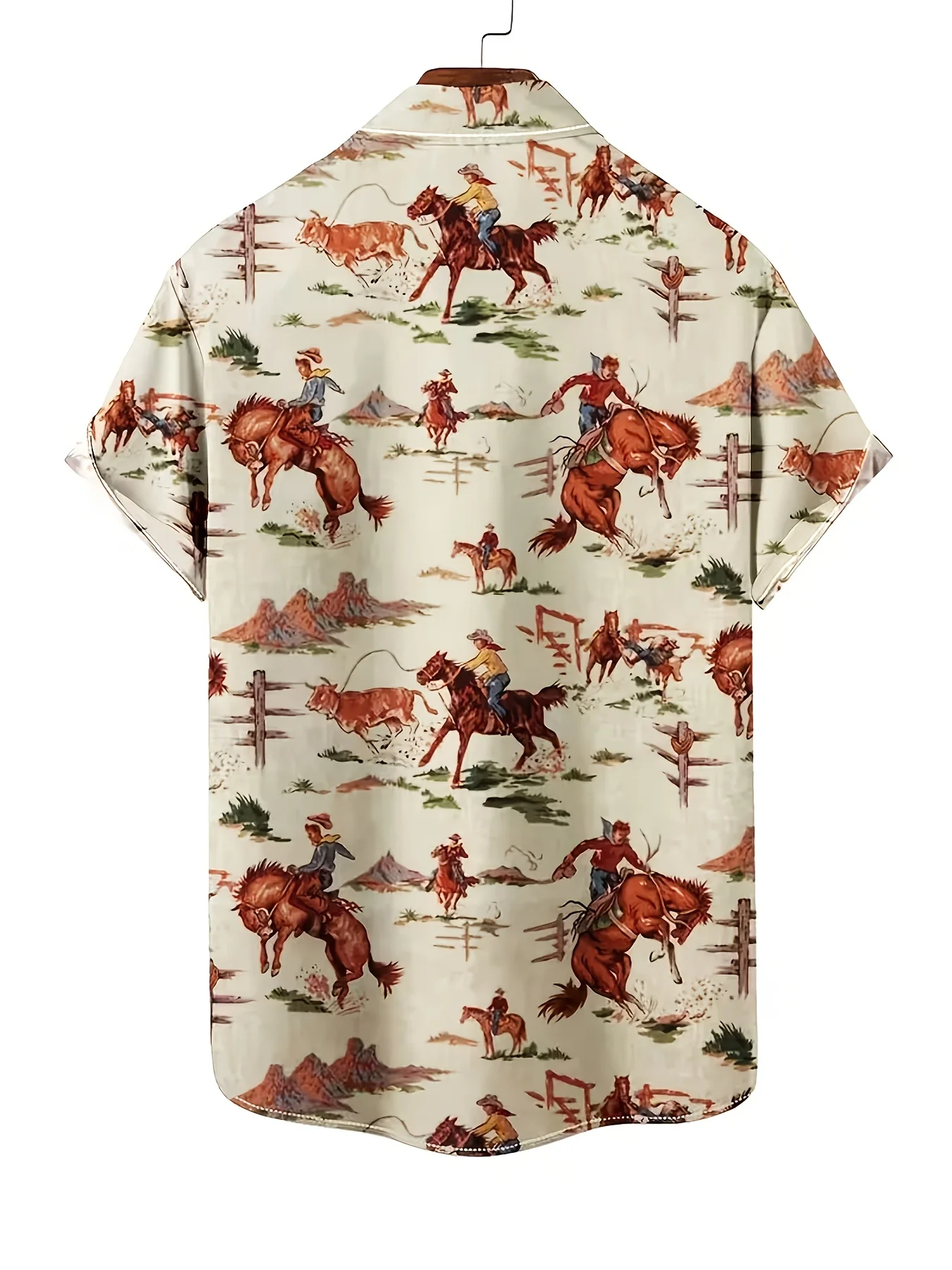 Men Short Sleeve Shirt Western Cowboy Horse Riding Print Turn‑Down Collar Button‑Up Summer Top