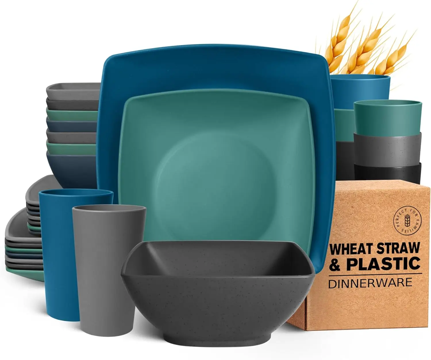 

32-piece Plastic Wheat Straw Square Dinnerware Set for 8, Unbreakable Dinner Plates, Salad Plates, Snack Bowls, Tumblers 20 oz,