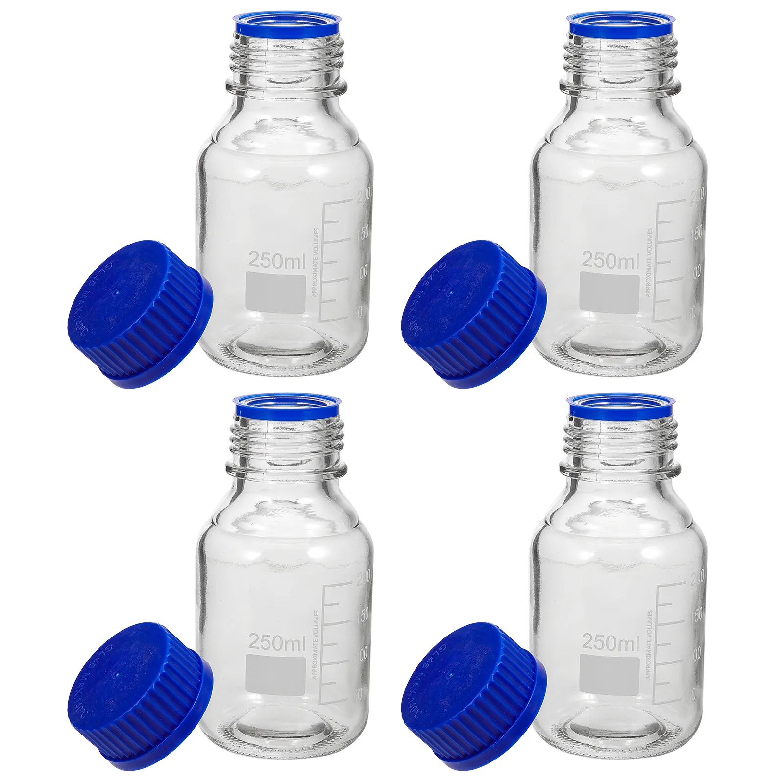 

4 шт. прочных стеклянных бутылок для реагентов с винтовыми крышками, устойчивых к износу, градуированные, для хранения лекарств, пустые флаконы