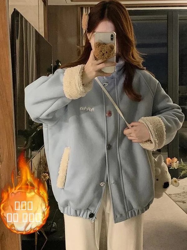 

Women's Suede Lamb Fur Jaet Winter American Retro Loose Student Fce Lined Thiened Cotton Coat Long Sve Regular Length