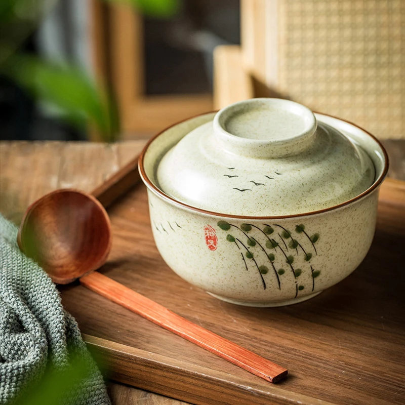 YWDL وعاء رامين فوري ياباني مع غطاء سيراميك عتيق سعة كبيرة أطباق شوربة سلطة المعكرونة أدوات مائدة المطبخ المنزلية