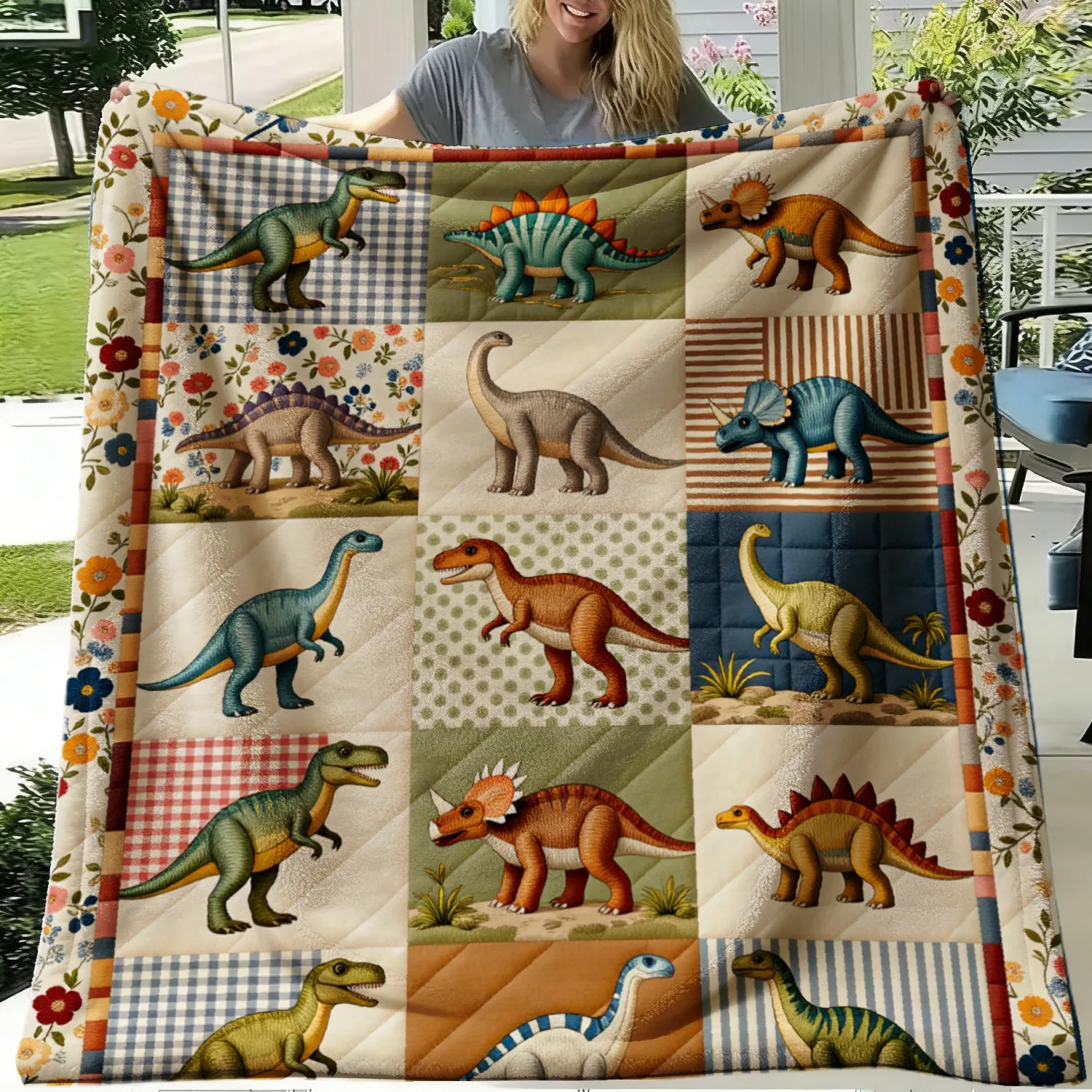 Dinosaur Print Throw Blanket with Vintage Floral Border, T-Rex Stegosaurus Triceratops, Soft Warm Decor Blanket for Bedroom