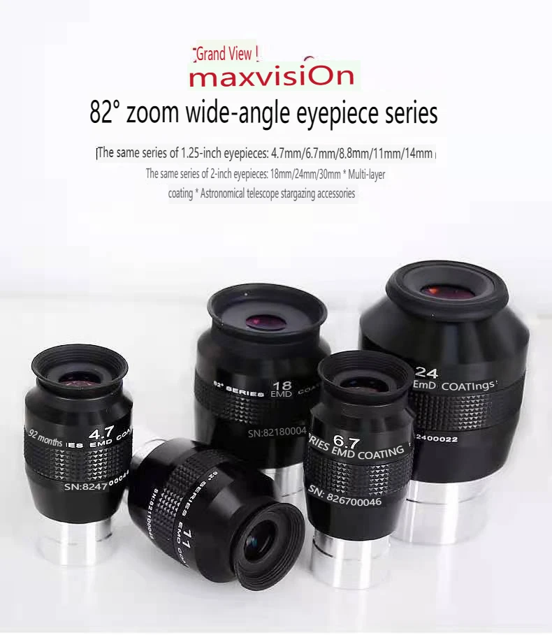 Maxvision-Parfocal Astronomical Telescope Accessories, 82 Degree, 4.7mm, 6.7mm, 8.8mm, 11mm, 14mm, 1.25 inch, 2 inch, 18/24 30