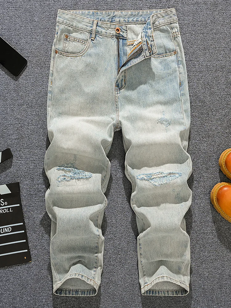 Amerikanische Modemarke, lockere Jeans mit geradem Bein für Herren, Street-Hip-Hop-Stil, Retro-High-Street-Jeans mit weitem Bein und zerrissenem Patch