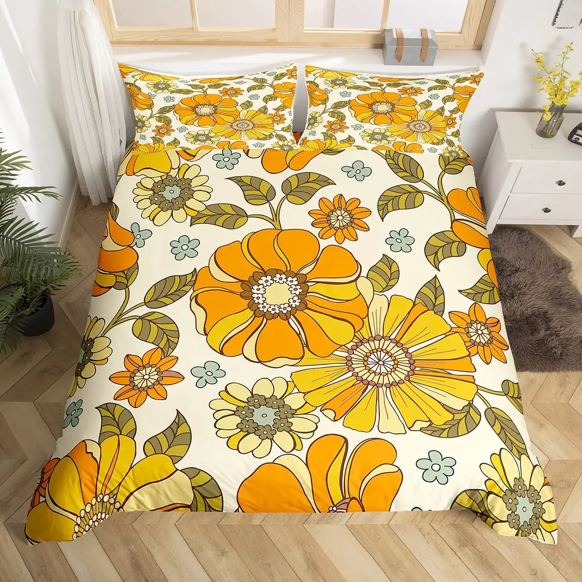 Retro Flowers Duvet Cover Watercolor Yellow Floral Green Leaves Plant Comforter Cover and 2 Pillowcases Trippy Style Bedding Set