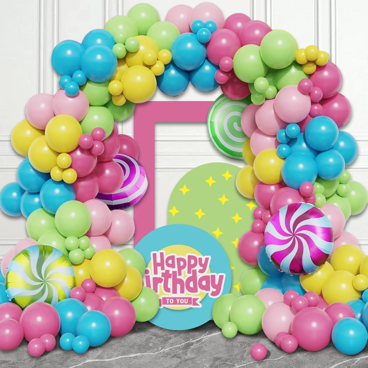 Süße Süßigkeiten-Party-Dekoration, 106-teiliges Süßigkeiten-Ballon-Girlanden-Set, hellrosa, lila, blau, Latex-Ballon mit Lutscher, Süßigkeiten, Aluminiumfolie, Ballon für Regenbogen, Geburtstag,