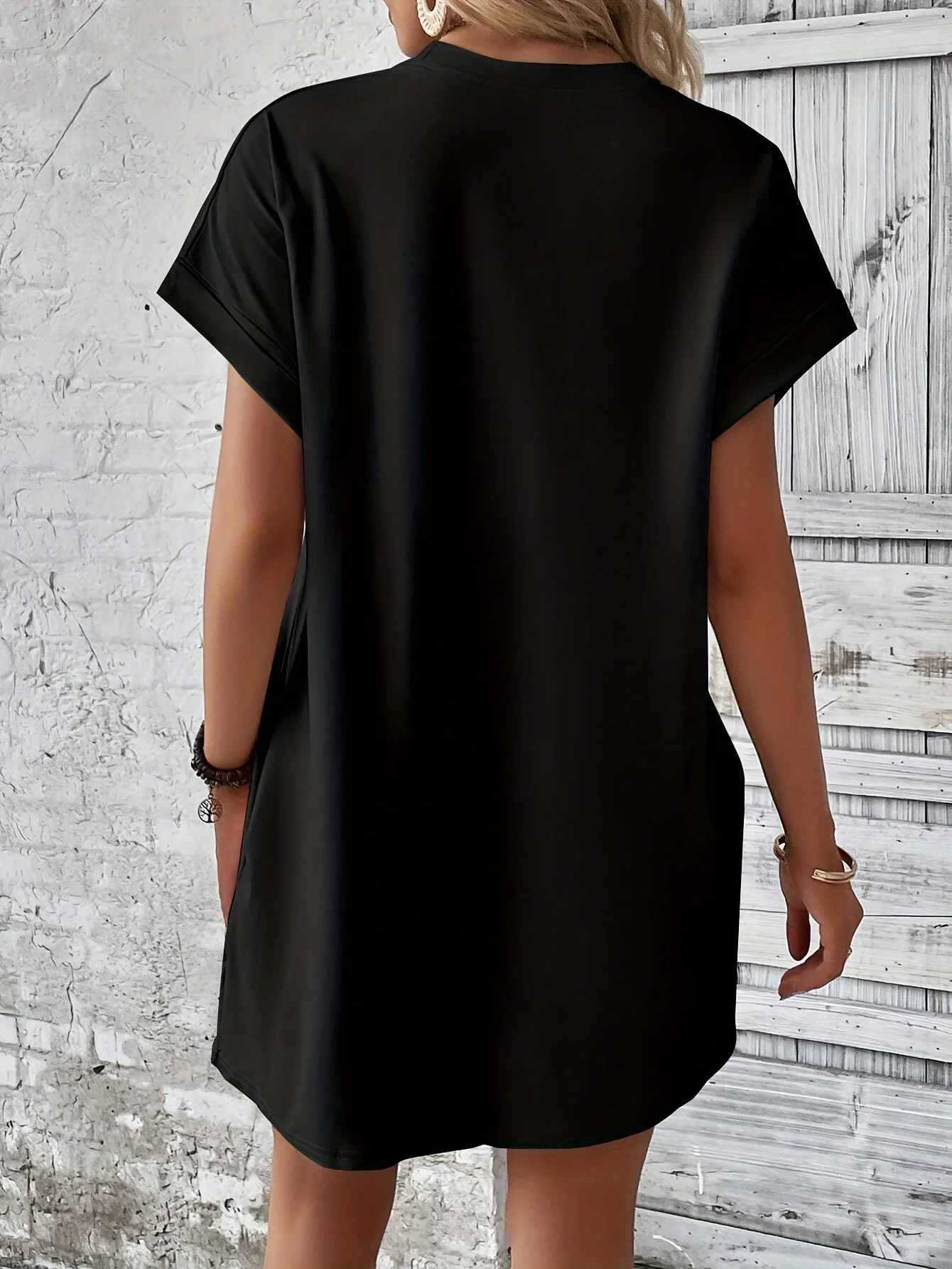 Women\'s Black dress Summer Loose  Print Round Neck Short Sleeve Pocket Comfortable Casual Plus Size Dress