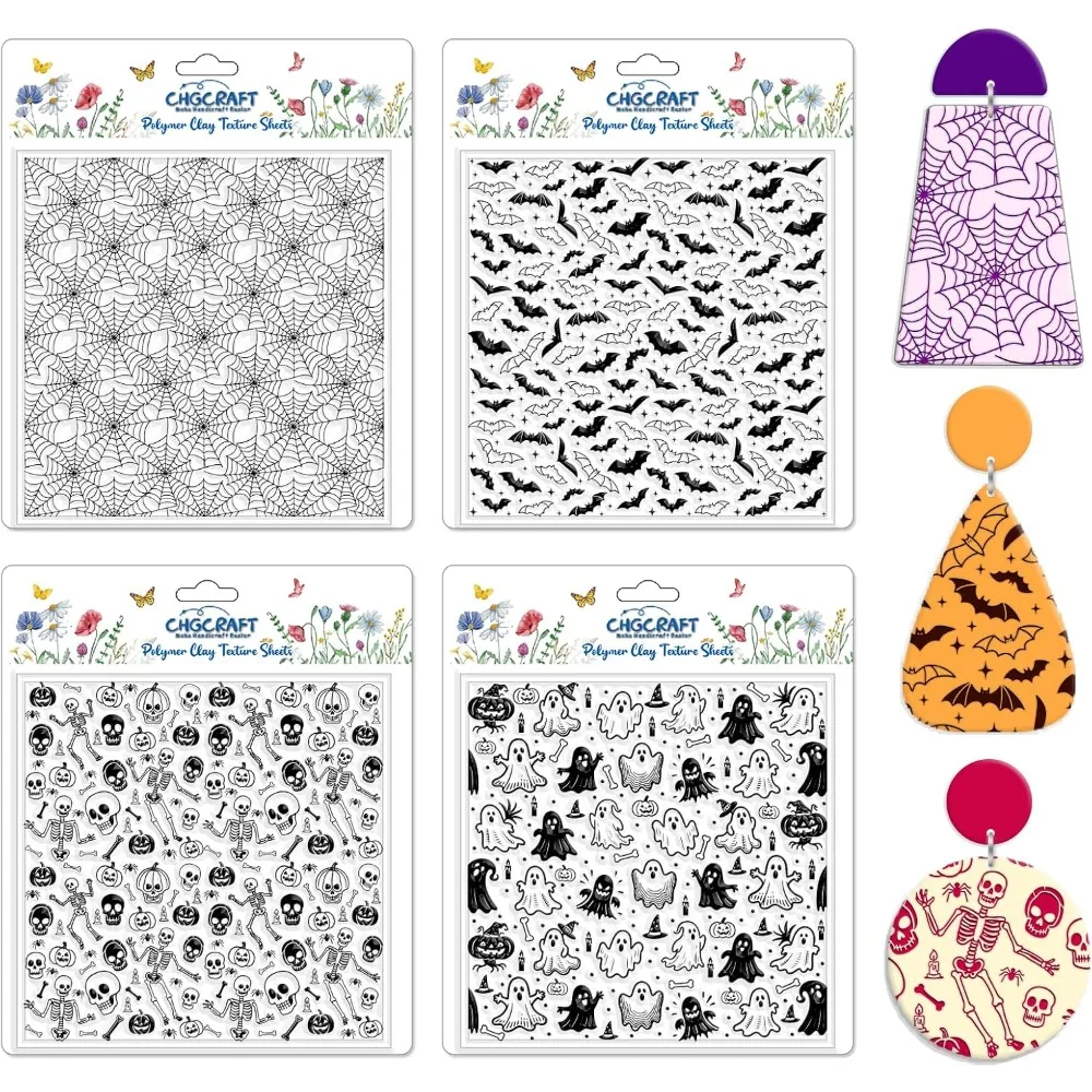

4 шт. листы с текстурой из полимерной глины, текстурный штамп с призраками, скелеты, коврик с текстурой глины, моделирующий узор, подушечки для ювелирных изделий