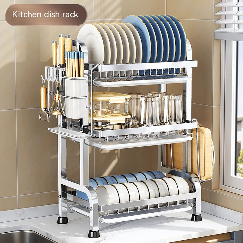 2/3-Tier Dish Drying Rack Kitchen Storage Shelf with Drain Board Countertop Dinnerware Organizer Kitchen Organizer Drainer