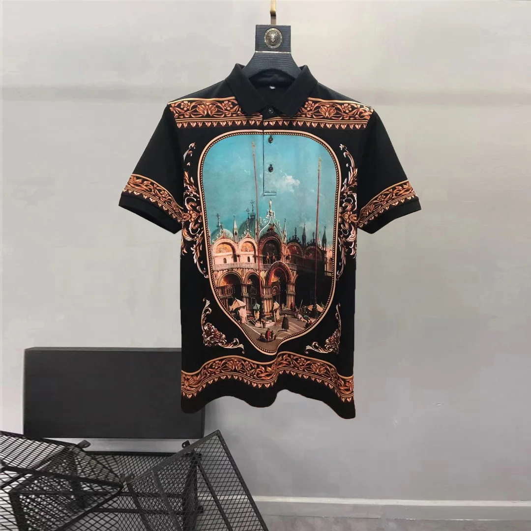 European Women's Clothing 2025  New summer styles of men's clothing  Short sleeve  Round collar  Retro castle print T-shirt