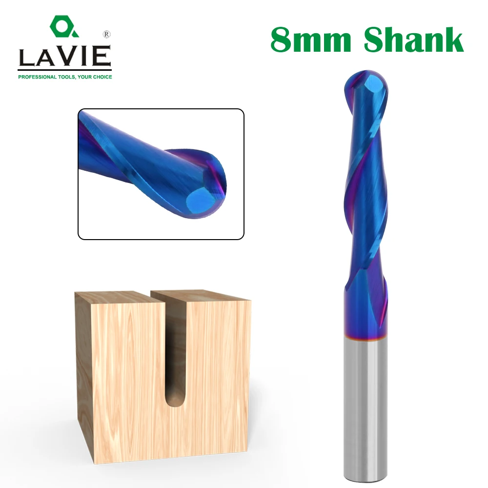 

LAVIE 8mm Shank 1pc High Quality Solid Carbide Nano Blue 2 Flute Ball Nose Up Cut Router Bits Woodworking Milling Cutter