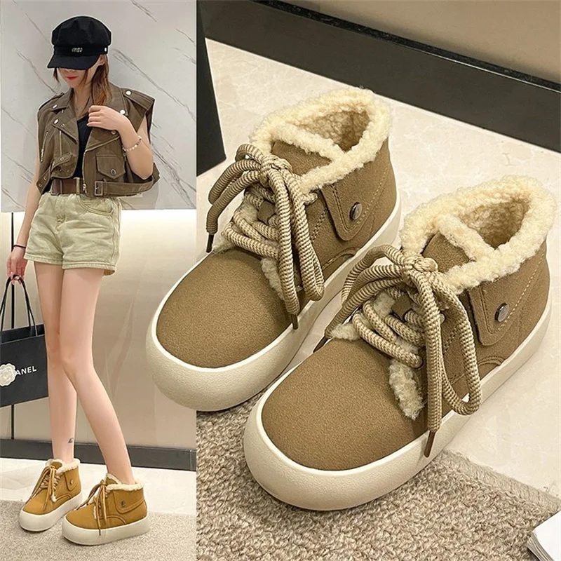 Women's 2024 New Vintage Matte Thick Bottom Fashionable and Versatile Casual Strap up Cotton Shoes with Velvet Warmth and Fury