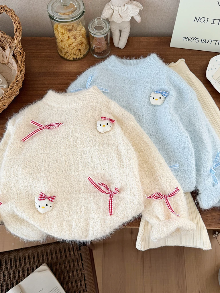 Thiened Rabbit Fur Knitted Sweater for Girls Autumn Winter  Knot Outerwear Soft Warm Long Sve round Ne Top