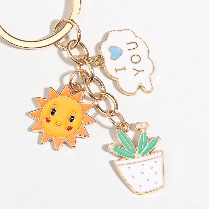 Cute Enamel Keychain Sun Cactus Cloud Key Ring I Love You Key Chains Souvenir Gifts For Women Men Cay Keys Handmade Jewelry